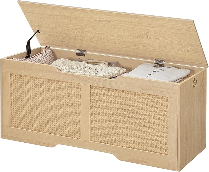 HOOBRO Storage Bench, 43.3" Toy Box, Rattan-Like Storage Chest, Sturdy Entryway Bench Supports 220 lb, Toy Chest, Safety Hinge, U-Shaped Opening, Easy Assembly, Natural NL22CW01