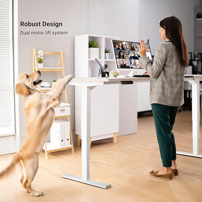 Progressive Desk Stand Up Adjustable Height Electric Standing Desk - 60"x30" Dual Motor, Computer Workstation Table for Home Office - Warm White, White Frame