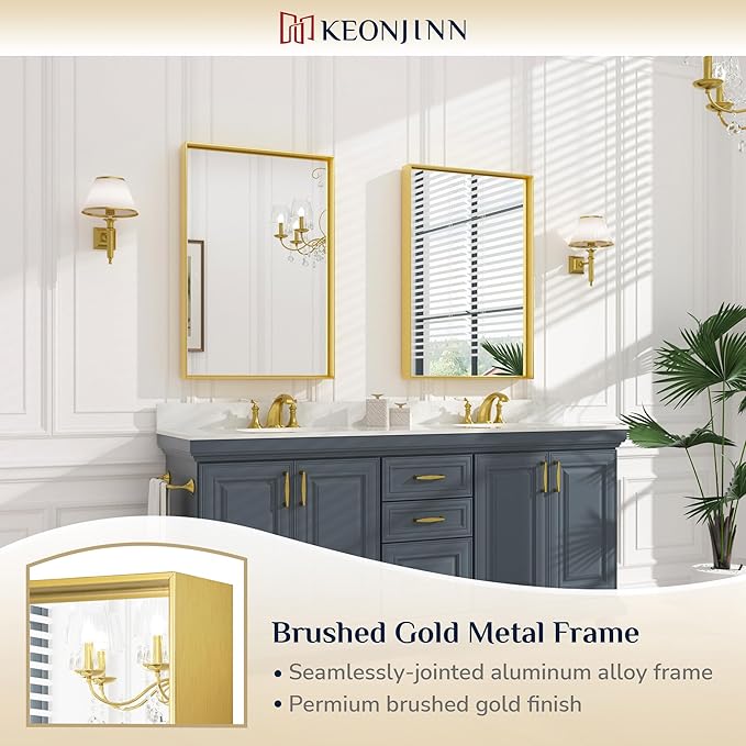 Keonjinn 24 x 36 Inch Brushed Gold Bathroom Mirror Gold Wall Mounted Vanity Mirror Metal Framed Rectangular Mirror for Bathroom Gold Rectangle Mirror with Aluminum Alloy Frame(Horizontal/Vertical)