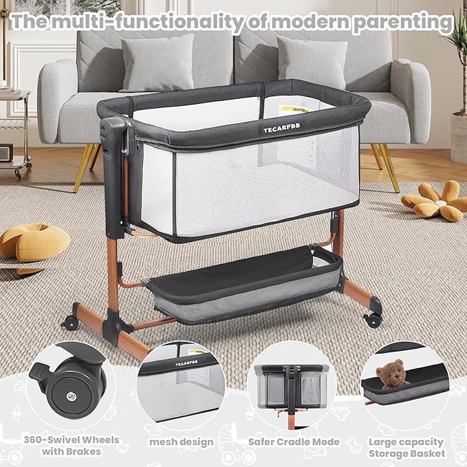 Baby Bassinet, 3 in 1 Bedside Sleeper for Newborn, Bedside Bassinet for Baby with 6 Adjustable Height, Soft Mattress, Compact, Easy to Fold
