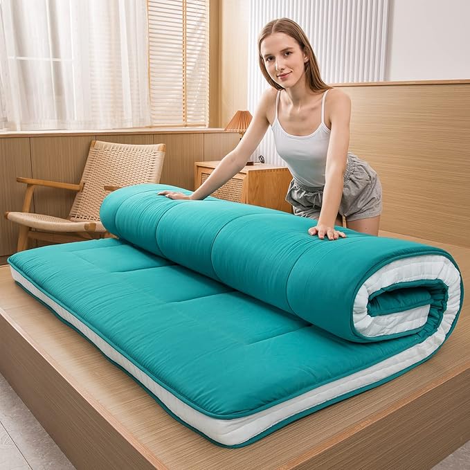 MAXYOYO Futon Mattress, Padded Japanese Floor Mattress Quilted Bed Mattress Topper, Extra Thick Folding Sleeping Pad Breathable Floor Lounger Guest Bed for Camping Couch, Turquoise, Queen