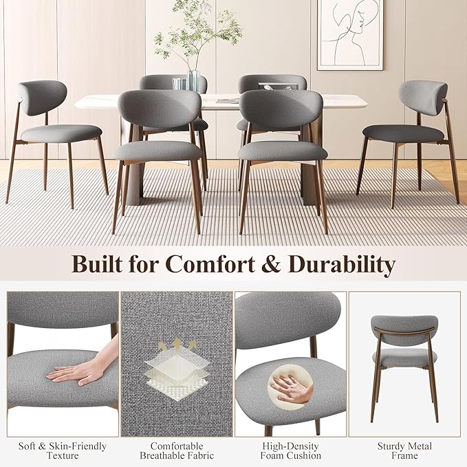 Dining Chairs Set of 2, Ergonomic Fabric Upholstered Seating with Wood Look Metal Legs and Anti Slip Pads, for Home and Restaurant Use, Light Grey