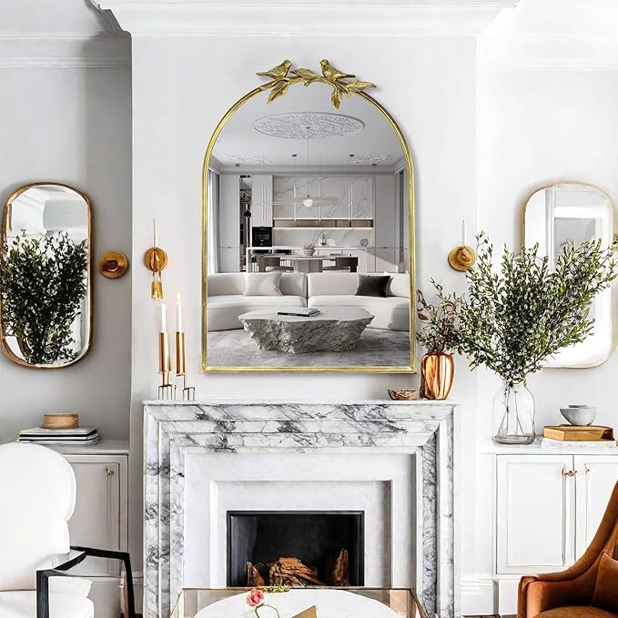 Gold Vintage Mirror for Vanity 24x35 Inch Gold Antique with Ornate Frame, Arched Vintage Wall for Bathroom, Living Room, Fireplace, Entryway