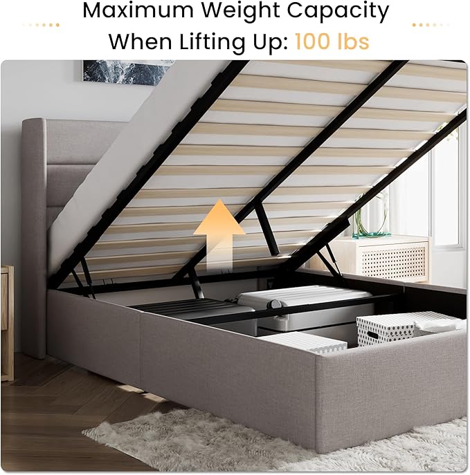 SHA CERLIN Full Size Lift Up Storage Bed/Modern Wingback Headboard/Upholstered Platform Bed Frame/Hydraulic Storage/No Box Spring Needed/Wood Slats Support/Light Beige