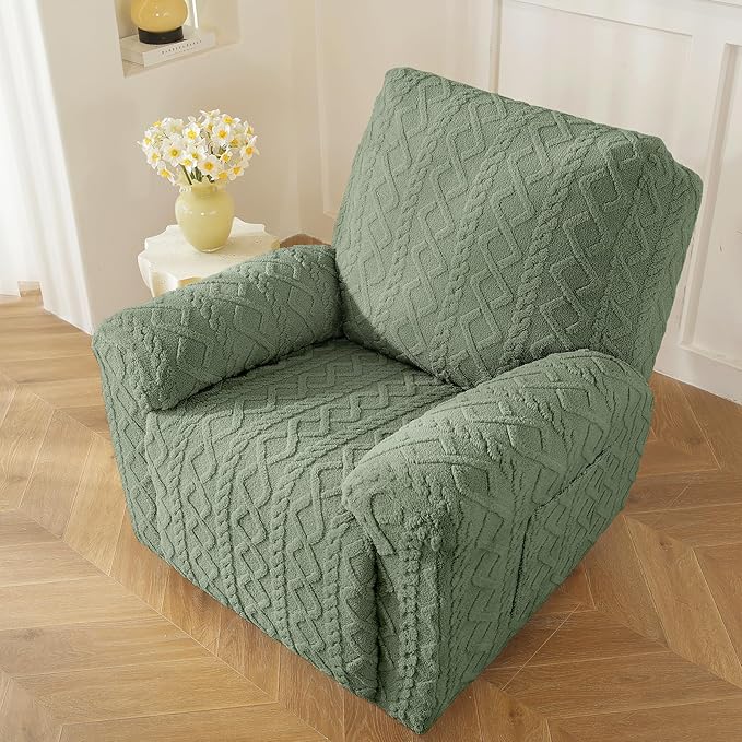 vctops Christmas Green 4 Pieces Geometric Jacquard Plush Recliner Slipcovers Soft Fuzzy Fluffy Sofa Couch Cover Anti-Slip Furniture Protector with Elastic Bottom for Kids Cats Dogs(Green,1 Seat)