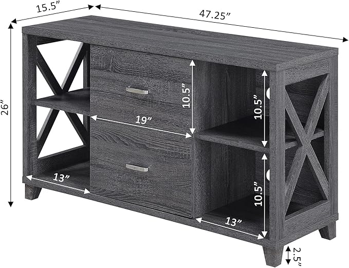 Convenience Concepts Oxford Deluxe 2 Drawer TV Stand with Shelves for TVs up to 55 Inches, Weathered Gray