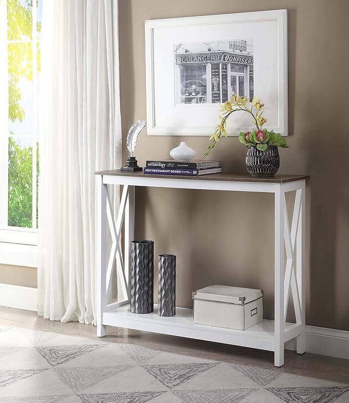 Convenience Concepts Oxford Console Table 39.5" - Sofa Table with Storage Shelf, Transitional Entryway Hall Table for Living Room and Bedroom, Display Foyer Table, Driftwood/White