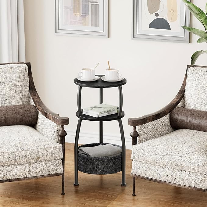 Small Round end Table for Living Room with Storage Basket –Small Space Saving End Table 3-Tier Accent Nightstand Couch Corner Table for Sofa, Bedroom, Patio and More 24in Tall Classic Black