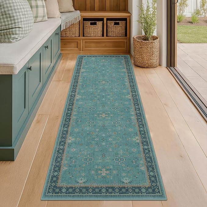 Boho 2x6 Non Slip Kitchen Rug Runner - Teal Washable Rug for Bathroom, Laundry Room, Hallway, Non Slip with Rubber Backing, Floral Aqua Blue Unique Runner Décor