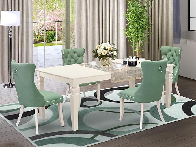 East West Furniture LGDA5-LWH-22 5 Piece Dining Room Set Consists of a Rectangle Dining Table with Butterfly Leaf and 4 Polyester Fabric Chairs, linen white