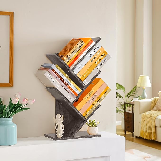 Hoctieon 4 Tier Tree Bookshelf, 4 Shelf Bookcase, Free Standing Tree Bookcase, Display Floor Standing Shelf for Books, Book Organizer Shelves for Home Office, Living Room, Bedroom, Grey