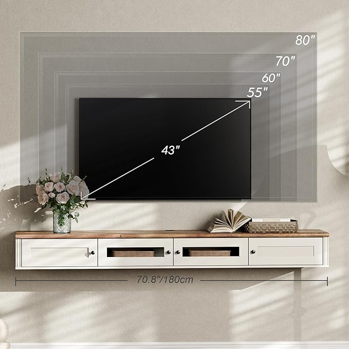 WAMPAT Floating TV Stand for TVs up to 80 Inches, Wooden Wall-Mounted TV Shelf with Charging Station, Modern Floating Entertainment Center for Living Room Decor, White