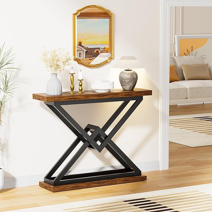 JUSTOGO 39.4" Console Table, Industrial Entryway Table Triangle Design for Living Room, Narrow Wood Sofa Tables for Hallway, Entrance, Foyer, Modern Accent Furniture Home Decor, Rustic Brown