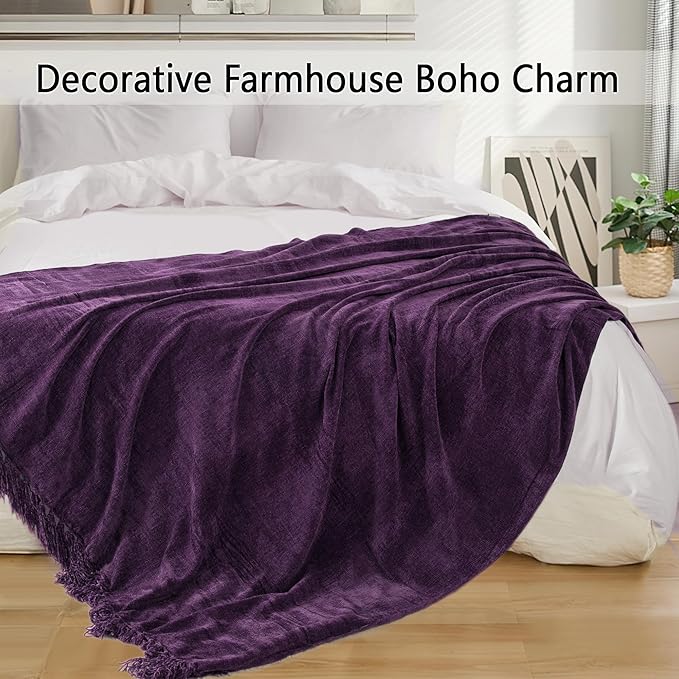 Chenille Throw Blanket for Couch 50"X 60", Soft Cozy Throws with Fringe Tassel for Bed Sofa Chair Cover, Lightweight Knitted Decorative Boho Blankets for Living Room, Dark Purple