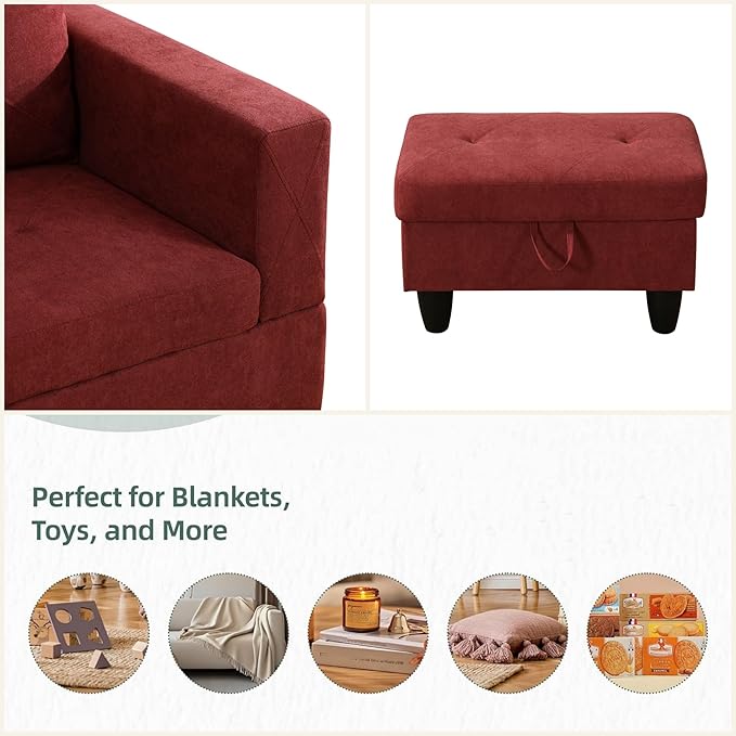 L Shaped Sectional Couch Sofa, Modern Couches for Living Room, Comfy 4 Seat Modular Sectional Sofa with Ottoman Storage for Bedroom Apartment, Red