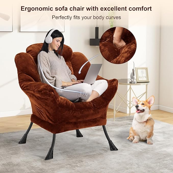 Fabric Lazy Chair for Adults, Oversized Upholstered Sofa Chair, Plush Comfy Lounge Chair with Large Side Storage Pocket, Thick Padded Reading Chair for Living Room, Bedroom, Study Room, Brown