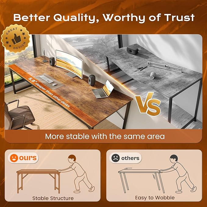 PRAISUN 63 X 29.5 Inch Computer Desk with Deeper Desktop, Gaming Office Writing Work Desk for Home Office, Study, Bedroom, Work from Home, Metal Frame, Rustic Brown