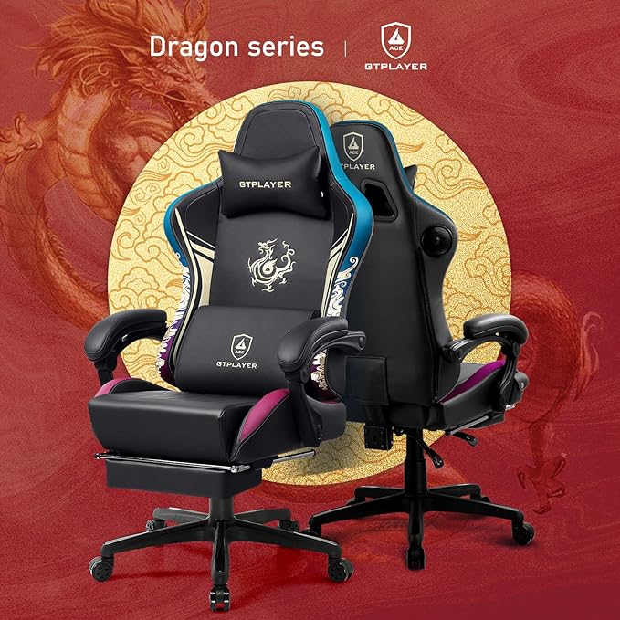 GTPLAYER Gaming Chair with Bluetooth Speakers and Footrest, Dragon Series Video Game Chair ，Heavy Duty Ergonomic Chair，Esports Gaming Chair，Computer Office Desk Chair by GTRACING(Black)