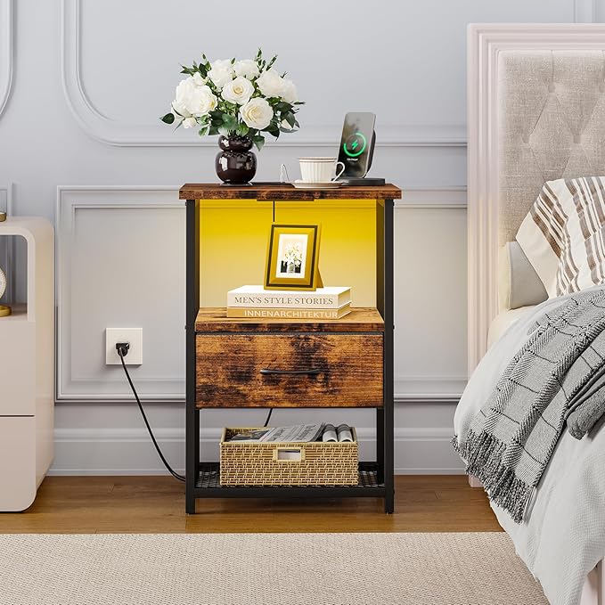 Fixwal Night Stand with Charging Station, LED Nightstand with Fabric Drawers, End Table with PU Finish, Bedside Table, Rustic Brown