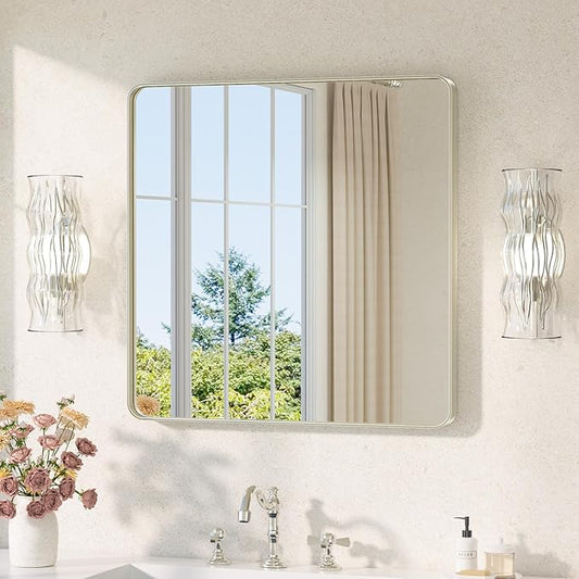 TETOTE Brushed Nickel Bathroom Mirror 30 x 30 Brushed Nickel Metal Framed Bathroom Mirror, Tempered Glass, Modern Farmhouse Wall Mounted Mirror for Decorative(Horizontal/Vertical)