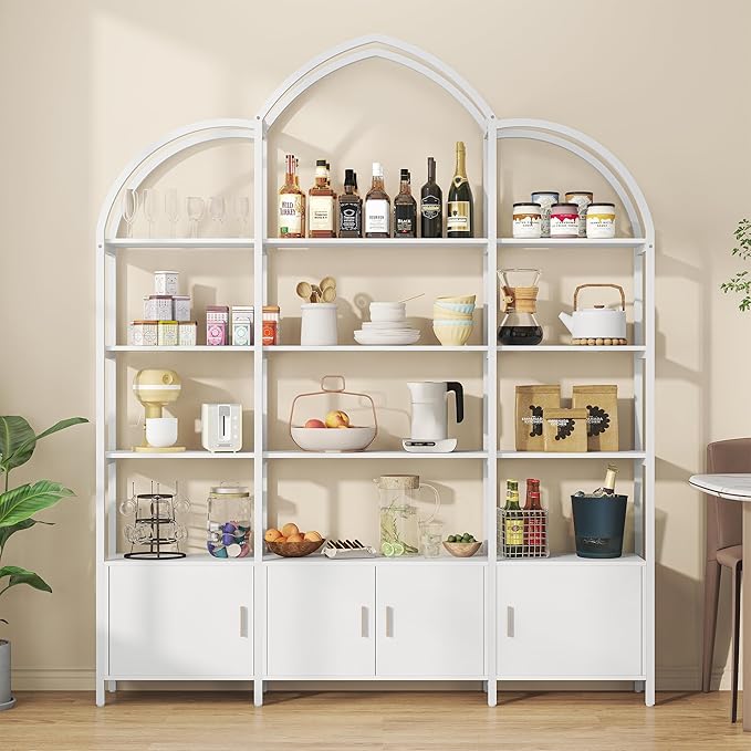 Triple Wide 5 Tier Tall Arched Bookshelf and Bookcase with 3 Cabinets, Industrial Metal Etagere Open Bookshelf, Wood Standing Book Shelf with Black Metal Frame for Bedroom Living Room