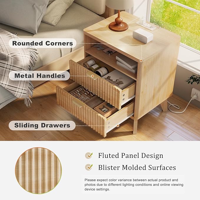 LYNCOHOME Fluted Nightstand Set of 2 with Charging Station, 19.7 inch Wide with 2 Drawers, Modern Wood Bedside Table for Bedroom, Natural
