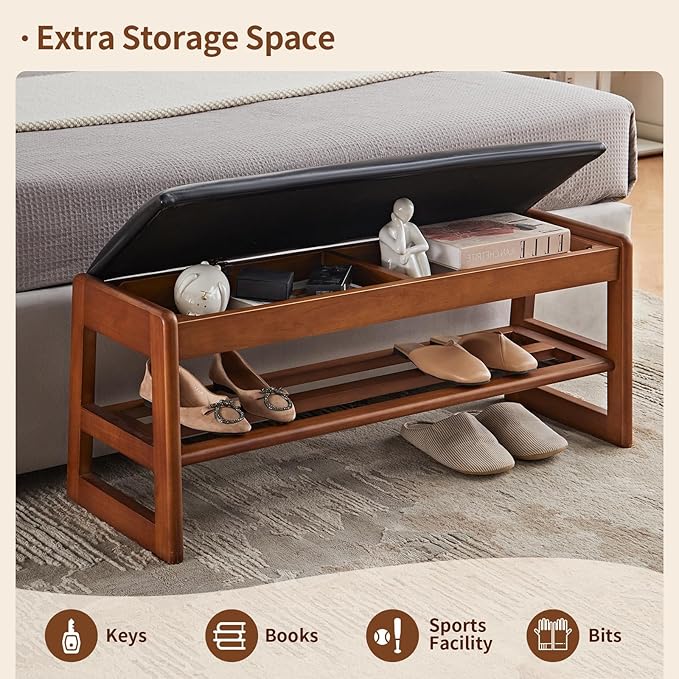 Shoe Rack Bench with Storage-Wood Shoe Bench for Entryway 40" 2 Tier Shoe Organizer with Cushion, PU Solid Wood LEDs Flip Top Entryway Shoe Organizer Space Saving Hallway