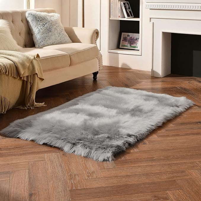 duduta Grey Faux Sheepskin Fur Rug 3x5 ft, Fluffy Shag Bedroom Dorm Nursery Playroom Carpet Rug Non Slip Washable