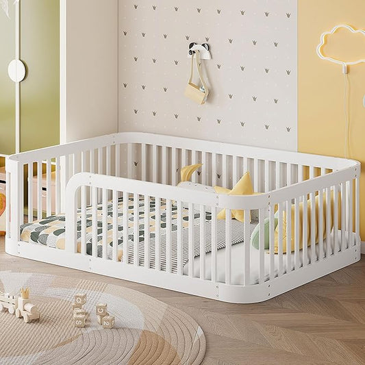 Full Floor Bed with High Fence and Rounded Corner Design, Montessori Floor Bed Frame with Guardrail and Entrance, Easy Assemble Montessori Bedd Full Size, White