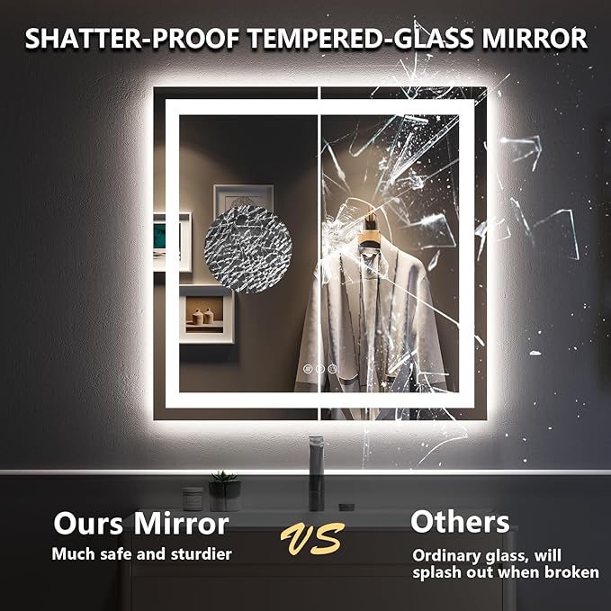 36x36 Inch LED Bathroom Mirror with Lights Front and Backlit Lighted Vanity Mirror for Bathroom Wall with 3 Colors Dimmable Anti-Fog Memory Shatter-Proof IP54 Waterproof Horizontal/Vertical
