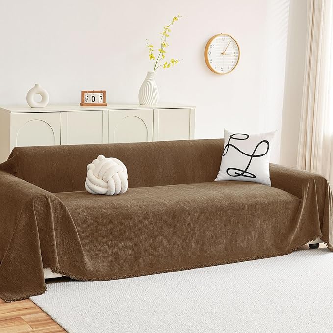 hyha Couch Cover for Dogs, Boho Sofa Covers for 3 Cushion Couch Washable, Chenille Sofa Slipcover for Pets, Soft Loveseat Sectional Couch Throw Blankets with Tassels (Chocolate, 88.5x118 Inch)
