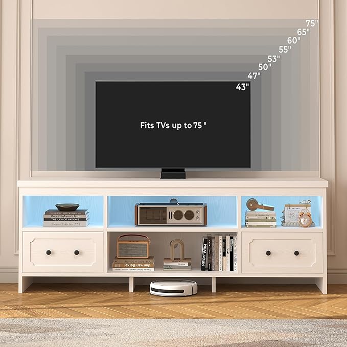 IRONCK TV Stand for 75 Inch TV, 71" LED Entertainment Center with Storage Cabinets, Power Outlets and Open Shelf, Media Console TV Cabinet with Drawers for Living Room, White