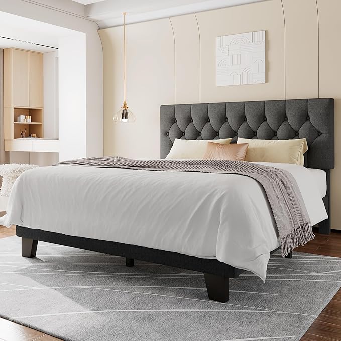 Feonase Queen Platform Bed Frame with Button Tufted Headboard, Upholstered Linen Bed with Wooden Slats Support, No Box Spring Needed, Easy Assembly, Noise-Free, Dark Grey
