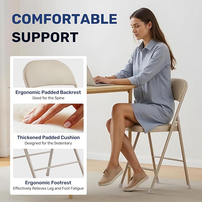 HealSmart 2 Pack Folding Chairs with Leather Padded Cushion Seats & Durable Metal Frame, Comfortable, Foldable, Portable, Commercial Event Seat, Indoor Outdoor for Home, Parties, Office, Kahki