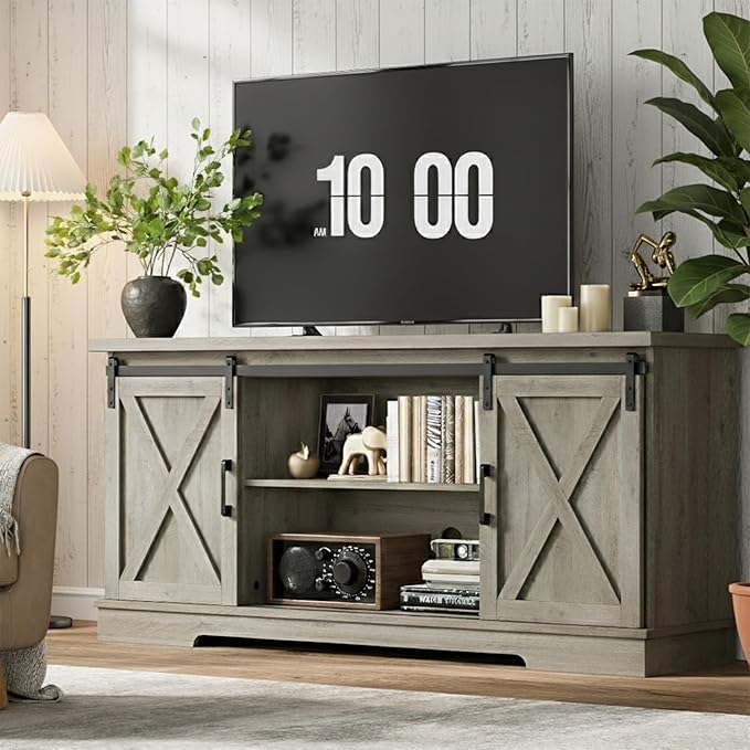GarveeHome Farmhouse Tv Stand for 65 Inches TVs, Entertainment Center with Sliding Barn Doors and Adjustable Shelf, Modern Media TV Console TV Stand Table for Living Room, Bedroom, Grey