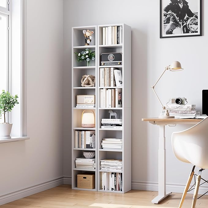 Bamjoy 71 Inches Tall Narrow Bookshelf, 8-Tier CD DVD Slim Media Tower Rack, Corner Bookcase with Adjustable Shelves, Skinny Cubes Bookshelves for Home Office Small Space, White