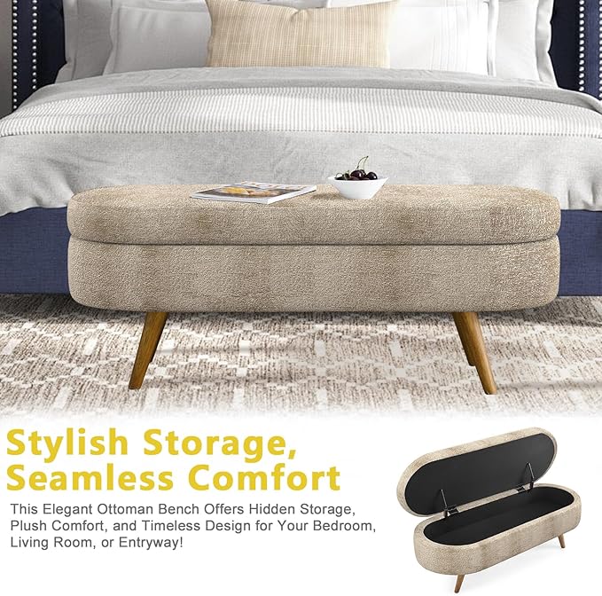 NicBex Ottoman Bench with Storage for Bedroom, 43.5" Upholstered End of Bed Bench with Rubber Wood Legs, Linen Storage Bench for Living Room or Entryway,