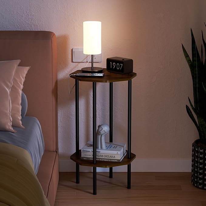 Side Table, Octagonal End Table for Small Spaces, Nightstand with 2 Storage Shelves, Small Table Stand for Bedroom, Living Room, Outdoor Balcony(Brown)