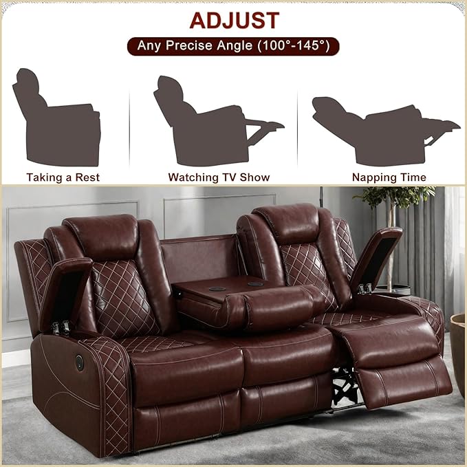 Leather Recliner Sofa Couch, 3-Seater Home Theater Seating Reclining Sofa, Power Reclining Couch with Cup Holders & Drop Down Table for Living Room Furniture Sets, Red