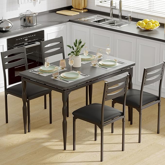 GarveeHome 5 Piece Dining Table Set, Industrial Style Dining Table and Chairs Set for 4, Kitchen Table Set for Dining Room Kitchen Apartment, Black
