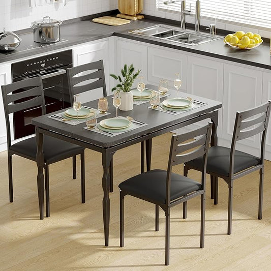 GarveeHome 5 Piece Dining Table Set, Industrial Style Dining Table and Chairs Set for 4, Kitchen Table Set for Dining Room Kitchen Apartment, Black