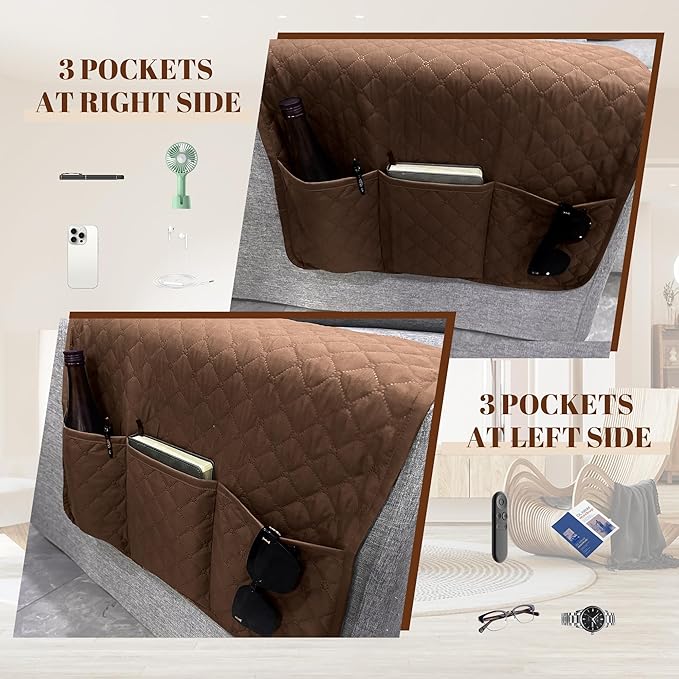 MEHIDFY Sofa Seat Arm Cover, Waterproof Couch Armrest Protector, Anti-Slip Sofa Cover, Remote Holder for Armchair, Dual Side Recliner Caddy with 3 Pockets for TV Remote, Phone, Pad, Pen, Book(Brown)