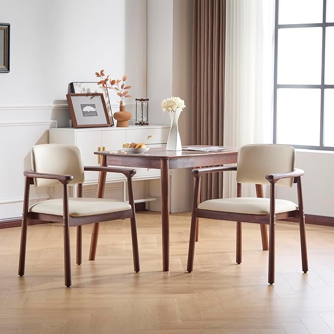 Merax Rubber Wood Dining Chairs Set of 2, Comfortable PU Foam Seat Armchairs for Living Room Dining Room, Bearing 300 lbs, Dark Walnut Color