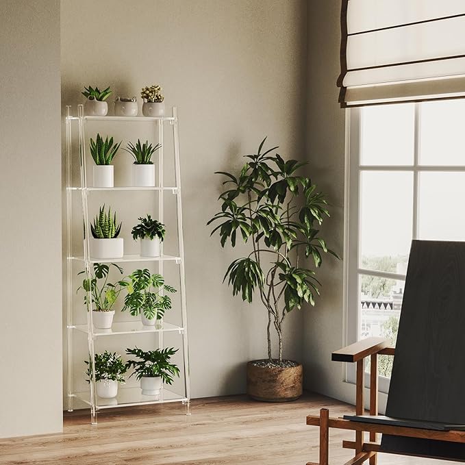 Acrylic Ladder Bookshelf, 13.8" D x 20.5" W x 59" H, 5-Tier Tall Clear Bookcase, Multifunctional Storage Book Shelf for Living Room, Bedroom, Office, Modern, Easy Assembly