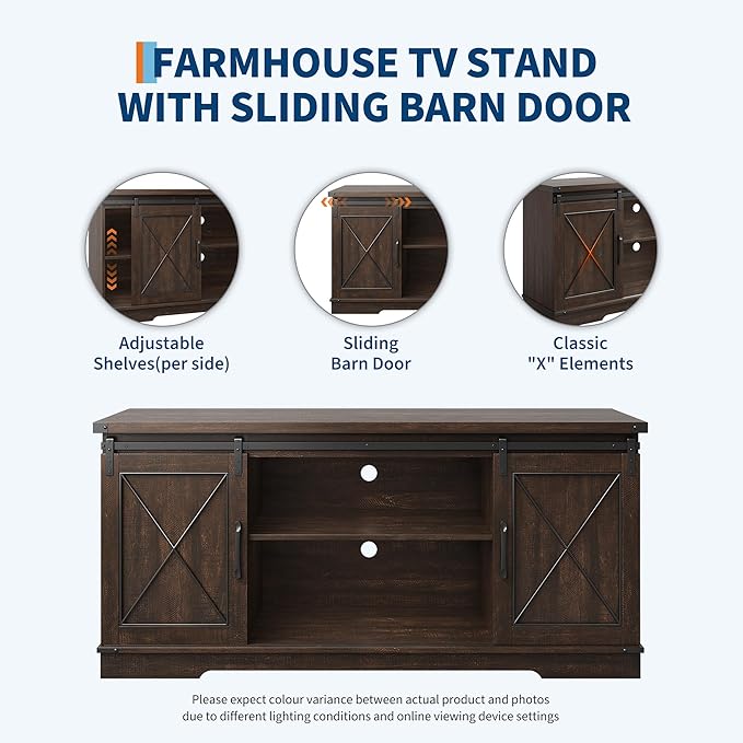 CABIHOME Farmhouse TV Stand and Entertainment Center for Tv up to 65 inches with Sliding Barn Doors and Adjustable Shelf, TV Media Storage Console Table for Living Room, Brown
