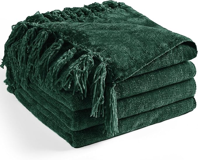 Chenille Throw Blanket for Couch 50"X 60", Soft Cozy Throws with Fringe Tassel for Bed Sofa Chair Cover, Lightweight Knitted Decorative Boho Blankets for Living Room, Dark Green