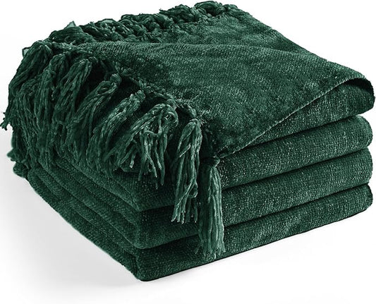 Chenille Throw Blanket for Couch 50"X 60", Soft Cozy Throws with Fringe Tassel for Bed Sofa Chair Cover, Lightweight Knitted Decorative Boho Blankets for Living Room, Dark Green