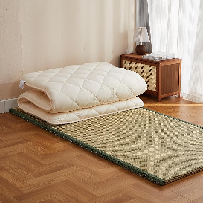 Japanese Floor Futon Mattress, Tatami Mat Sleeping Pad, Shikibuton, Mattress Topper, Boys Girls Roll Up Dormitory Mattress, Foldable & Portable Floor Lounger Bed, Guest Bed (Cream, Full)