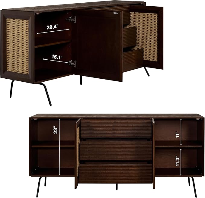 NTC MOSSIC Sideboard with 2 Doors and 3 Drawers, Buffet Cabinet with Natural Rattan and Metal Legs, Modern Storage Cabinet for Living Room, and Hallway, Effortless Assembly - Dark Walnut