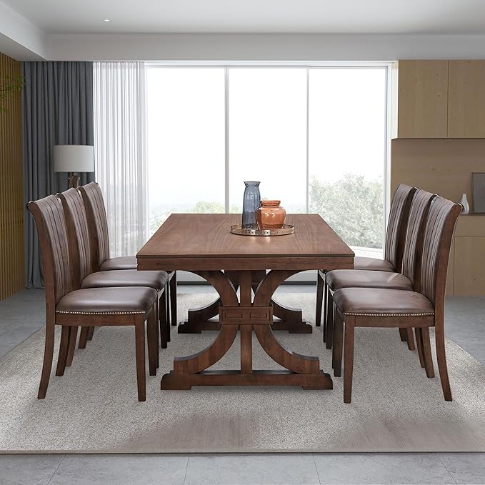 KEIKI Retro 7-Piece Wooden Dining Table Set for 6 Person, Mid-Century Style Table Set with Rectangular MDF Table and 6 Faux Leather Upholstered Chair, Easy Assembly, for Kitchen, Dining Room, Oak